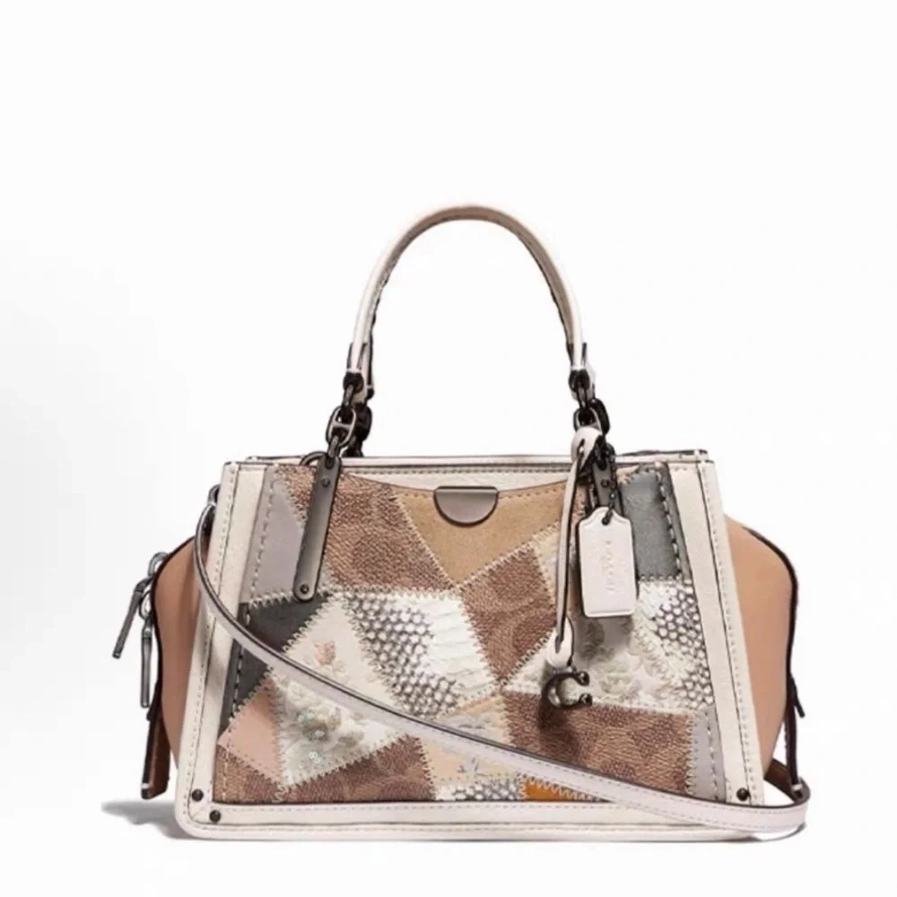 Coach Dreamer Patchwork Leather Satchel Handbag in Beige & Brown